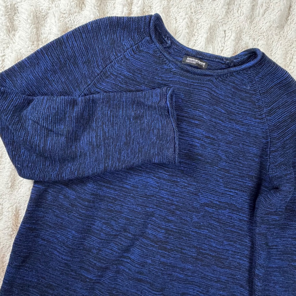American Apparel Mens Small Blue Black Marled Cotton Knit Raglan Sweater USA